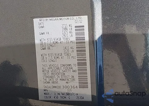 2013 Infiniti Jx35 from USA, damaged, VIN 5N1AL0MM1DC300364